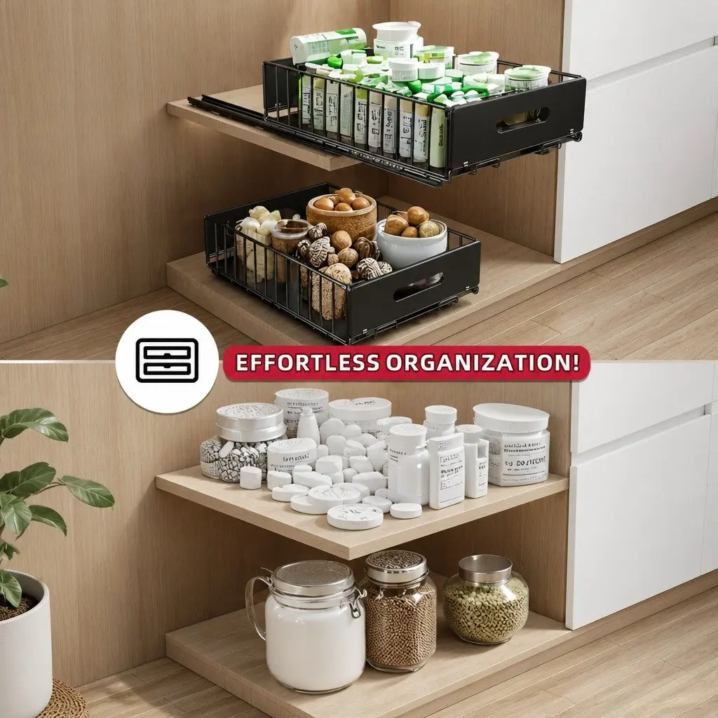 Pull Out Cabinet Organizer Drawers 2 Pack Adhesive Kitchen Storage Large Small Powder Coated Steel