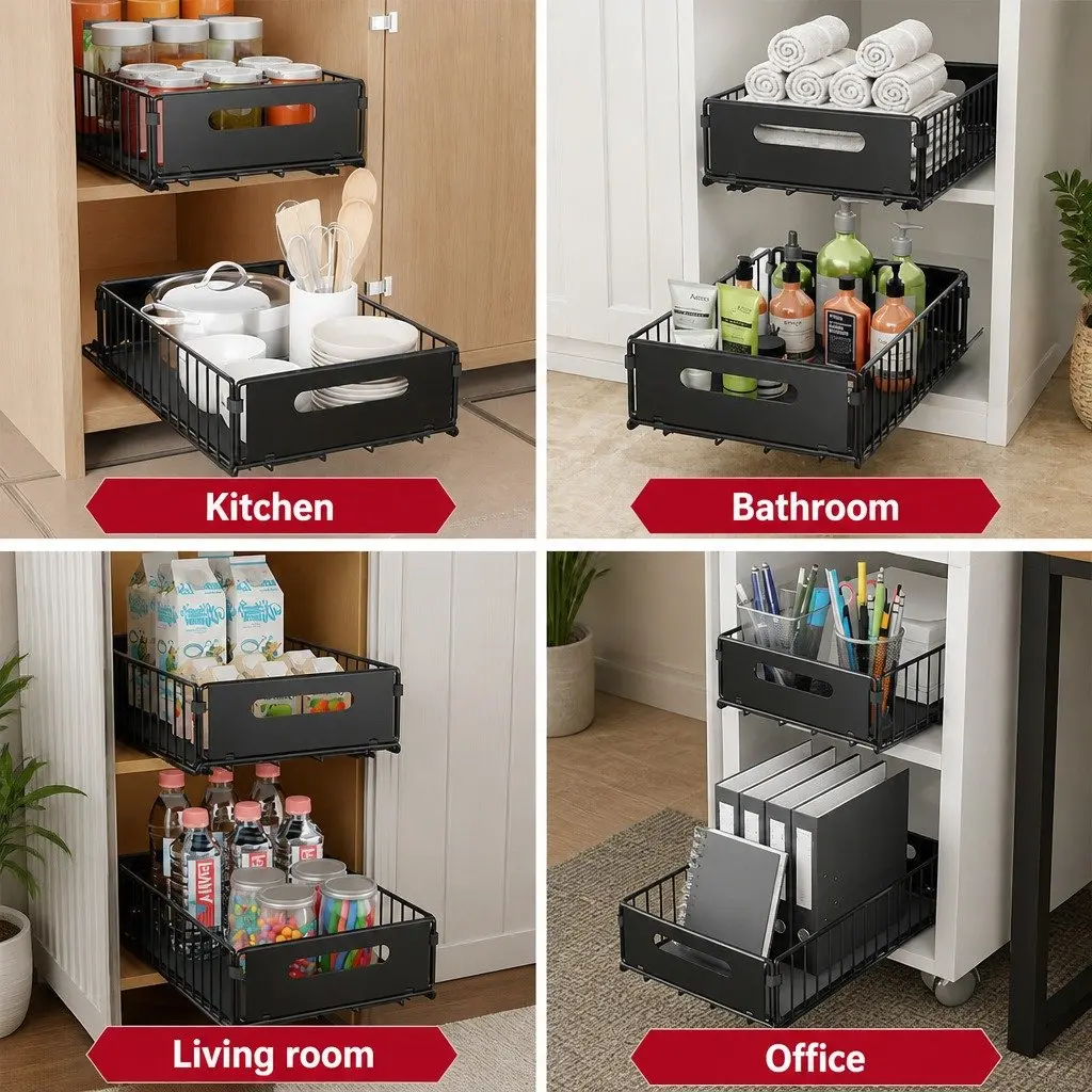 Pull Out Cabinet Organizer Drawers 2 Pack Adhesive Kitchen Storage Large Small Powder Coated Steel