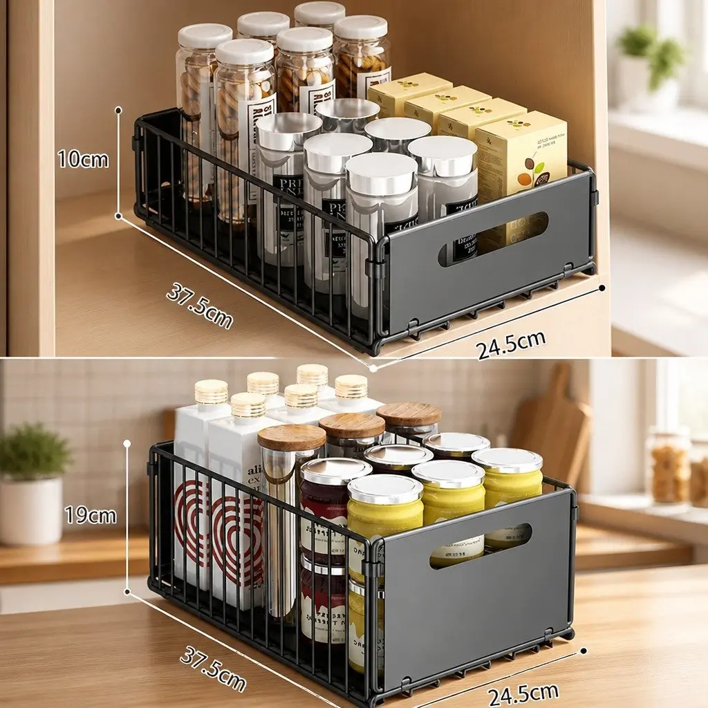 Pull Out Cabinet Organizer Drawers 2 Pack Adhesive Kitchen Storage Large Small Powder Coated Steel