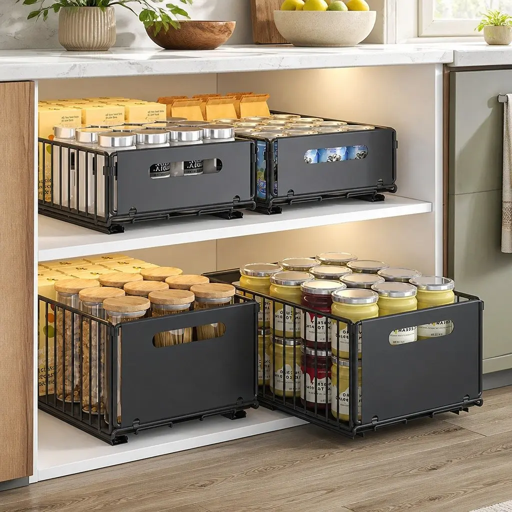 Pull Out Cabinet Organizer Drawers 2 Pack Adhesive Kitchen Storage Large Small Powder Coated Steel