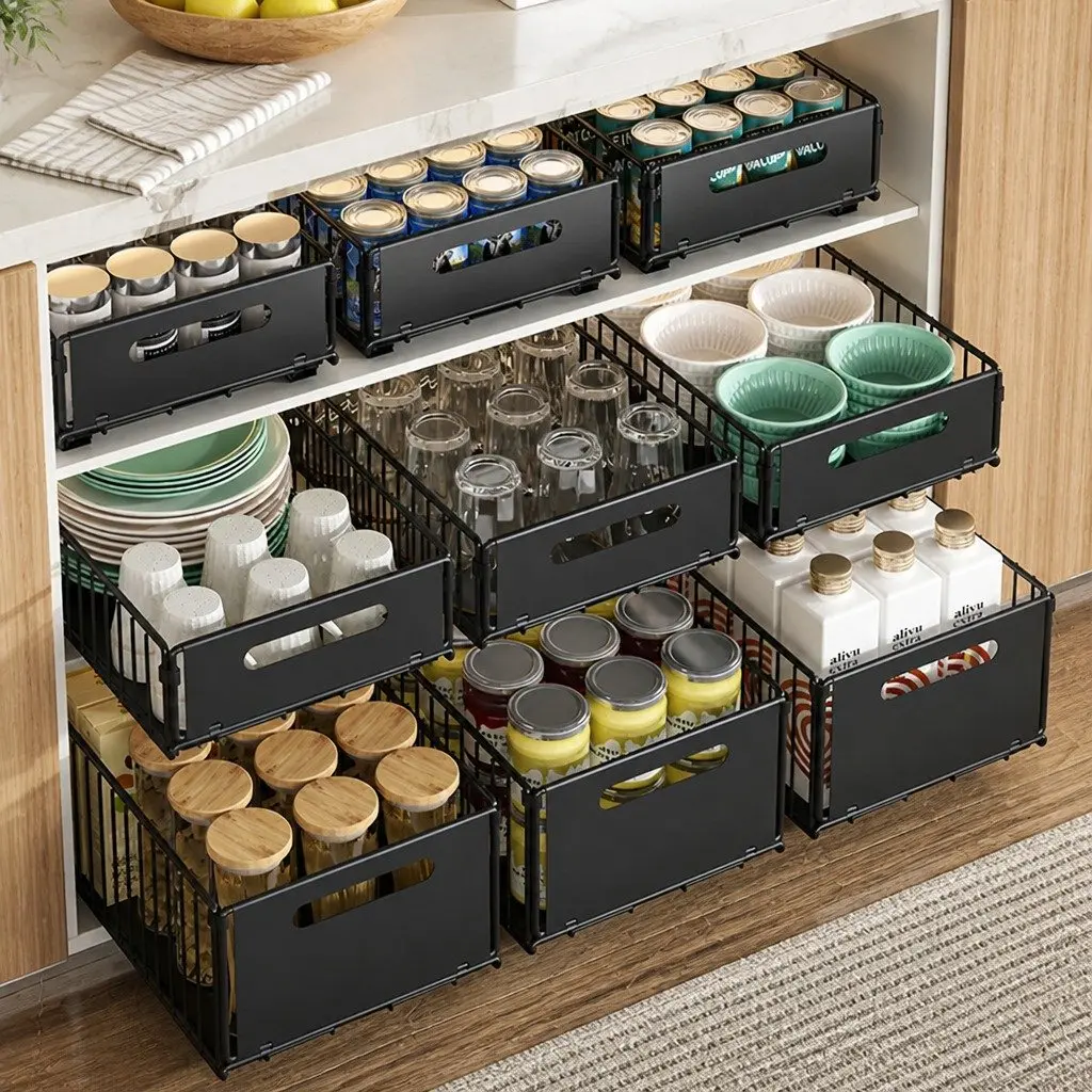 Pull Out Cabinet Organizer Drawers 2 Pack Adhesive Kitchen Storage Large Small Powder Coated Steel