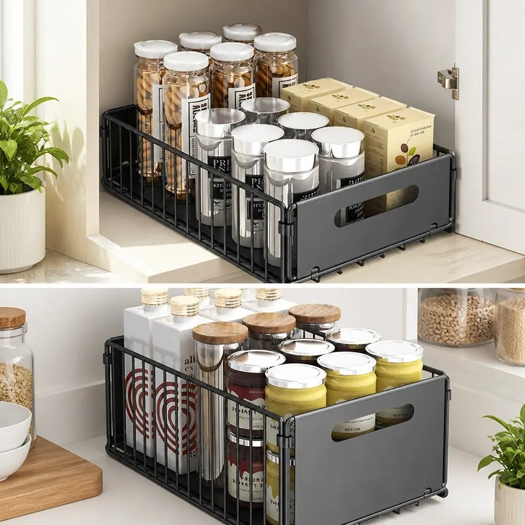 Pull Out Cabinet Organizer Drawers 2 Pack Adhesive Kitchen Storage Large Small Powder Coated Steel