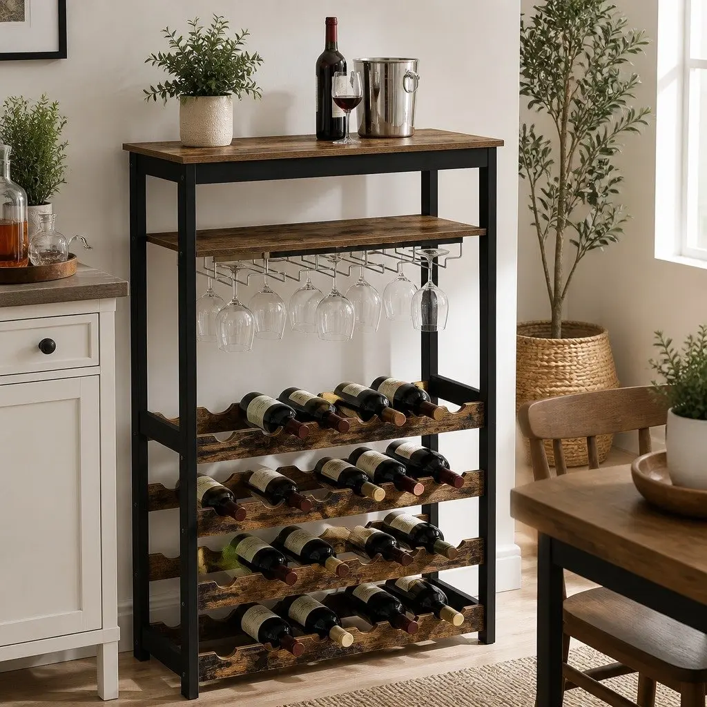 Wine Rack for 24 Bottles and 10 Glasses Storage