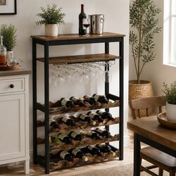 Reliable Wine Rack for 24 Bottles and 10 Glasses Storage