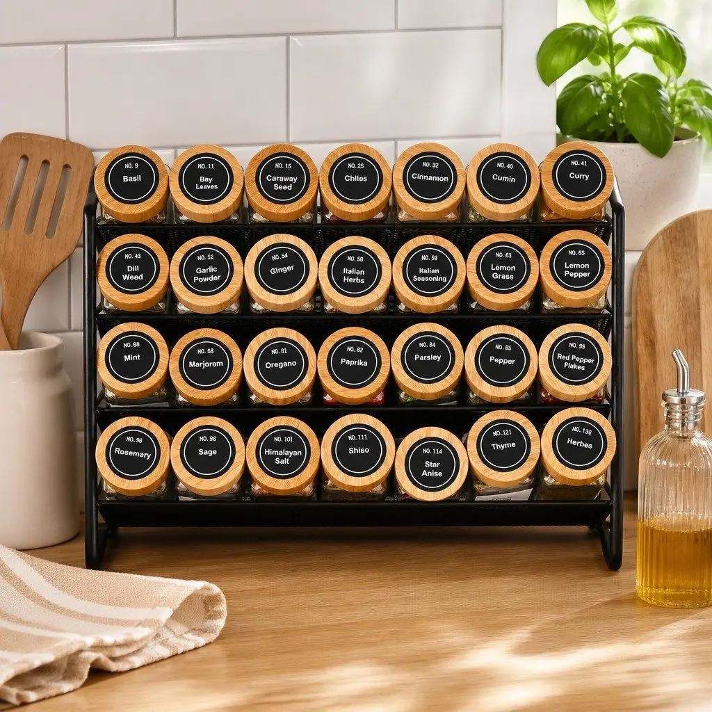 Glass Spice Jars 24 Piece Set Kitchen Organization Bamboo Lids Shaker Tops Labels Pen Funnel