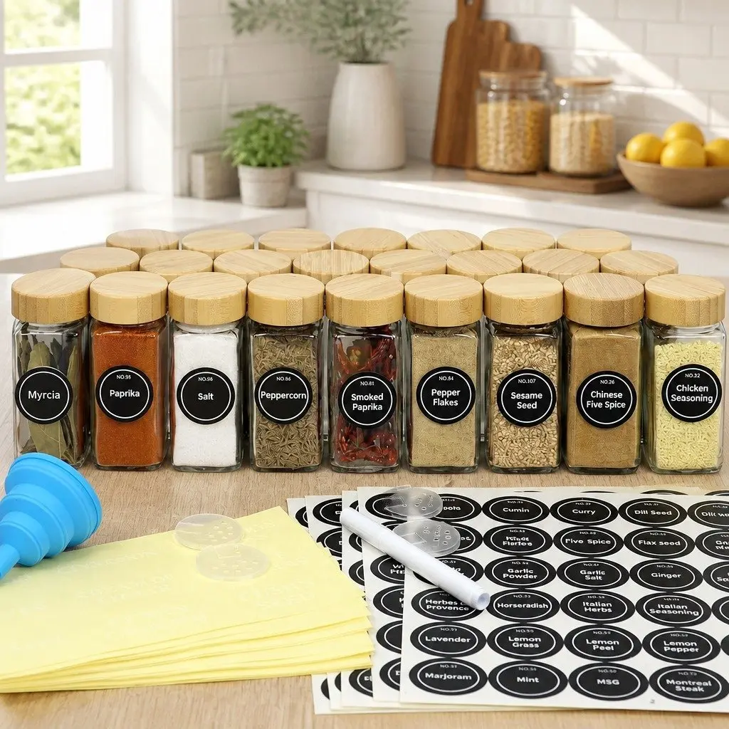 Glass Spice Jars 24 Piece Set Kitchen Organization Bamboo Lids Shaker Tops Labels Pen Funnel