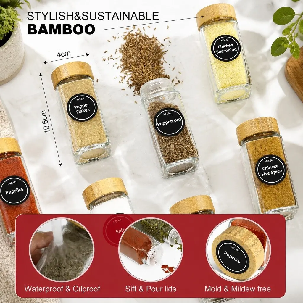 Glass Spice Jars 24 Piece Set Kitchen Organization Bamboo Lids Shaker Tops Labels Pen Funnel