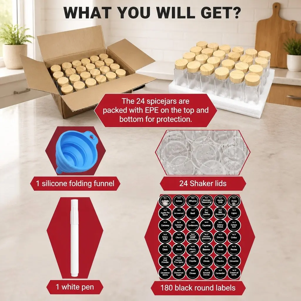 Glass Spice Jars 24 Piece Set Kitchen Organization Bamboo Lids Shaker Tops Labels Pen Funnel