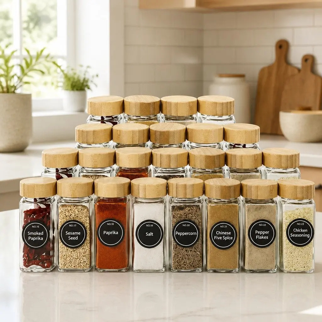 Glass Spice Jars 24 Piece Set Kitchen Organization Bamboo Lids Shaker Tops Labels Pen Funnel