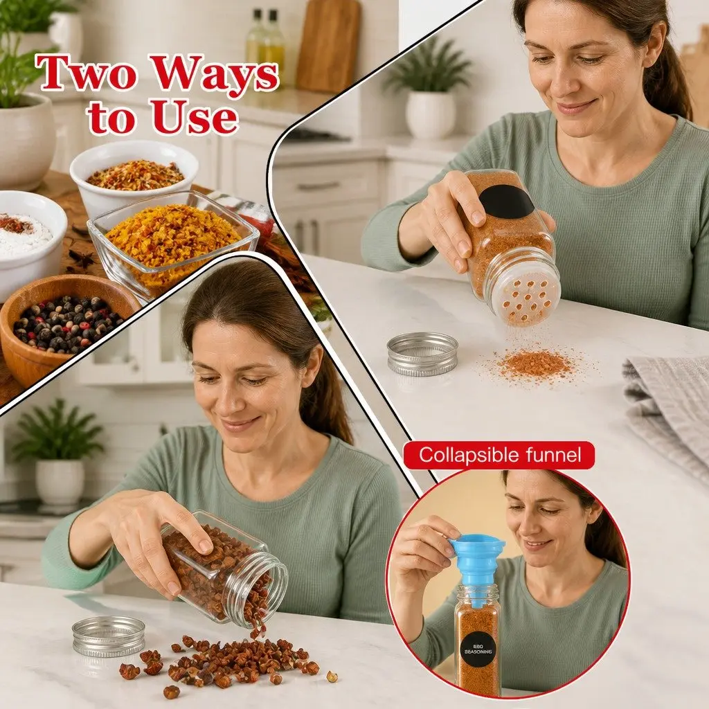 Glass Spice Jars 24 Pack Shaker Lids Labels Funnel Kitchen Storage 5x5x10cm