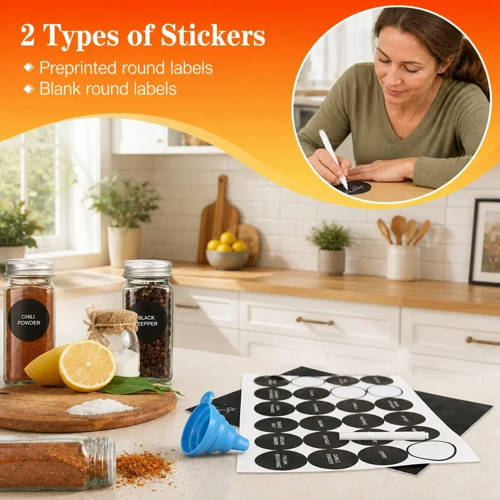 Glass Spice Jars 24 Pack Shaker Lids Labels Funnel Kitchen Storage 5x5x10cm