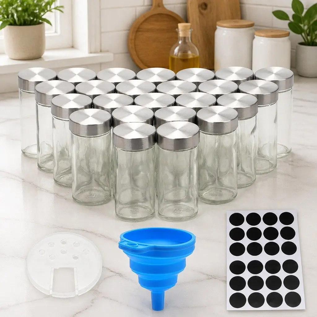 Glass Spice Jars 24 Pack Shaker Lids Labels Funnel Kitchen Storage 5x5x10cm