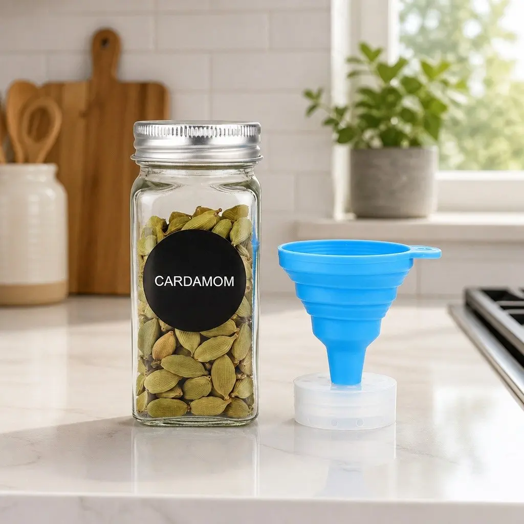Glass Spice Jars 24 Pack Shaker Lids Labels Funnel Kitchen Storage 5x5x10cm