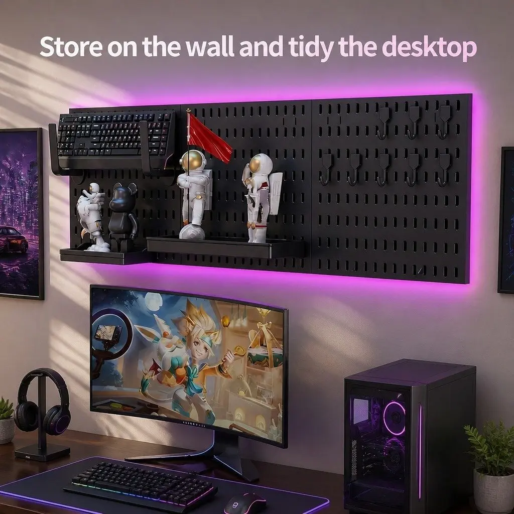 Pegboard Wall Organizer Kit Modular System 3 Panels 30x30cm Black