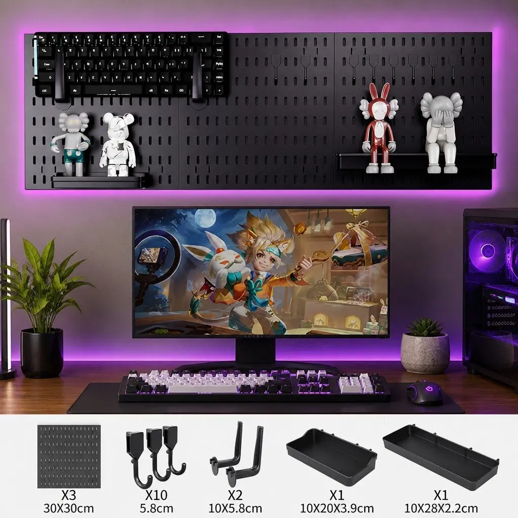 Pegboard Wall Organizer Kit Modular System 3 Panels 30x30cm Black