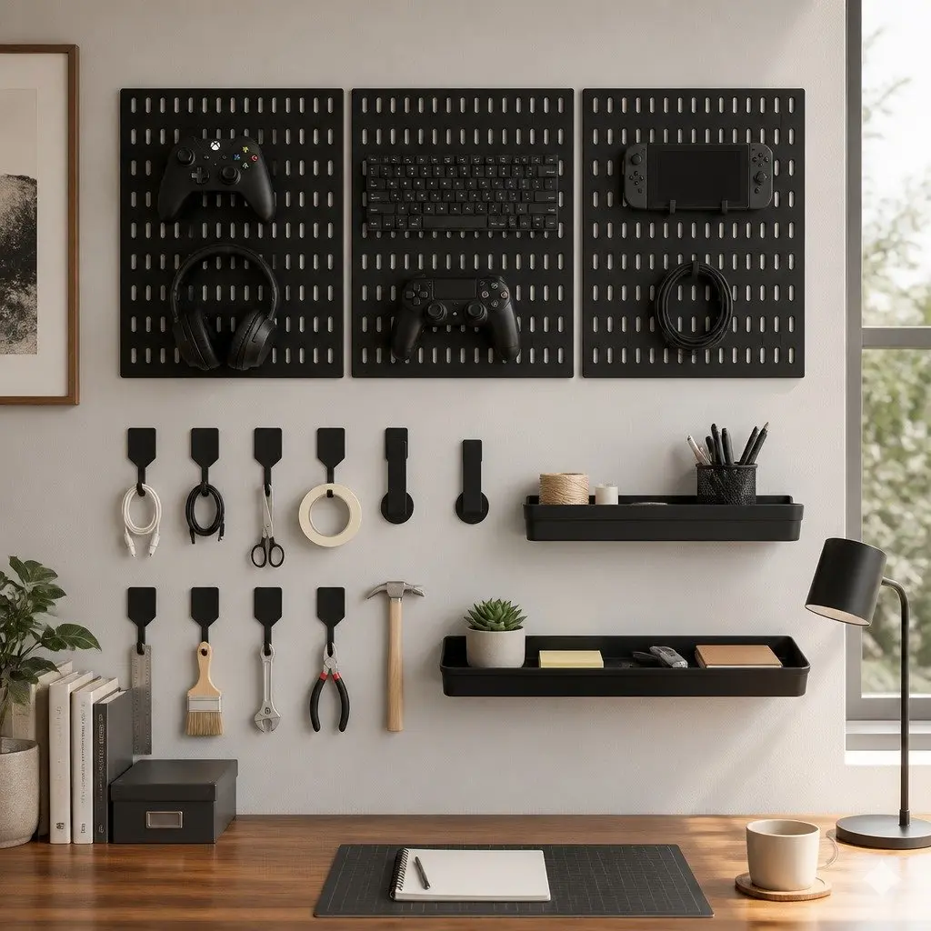 Pegboard Wall Organizer Kit Modular System 3 Panels 30x30cm Black