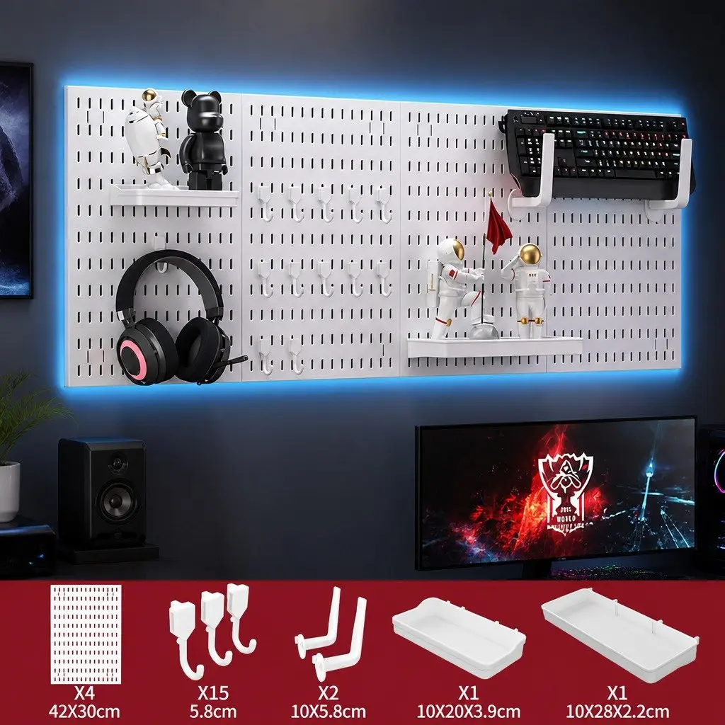 Pegboard Wall Organizer Kit Modular Panels 4 White Black for Gaming Office