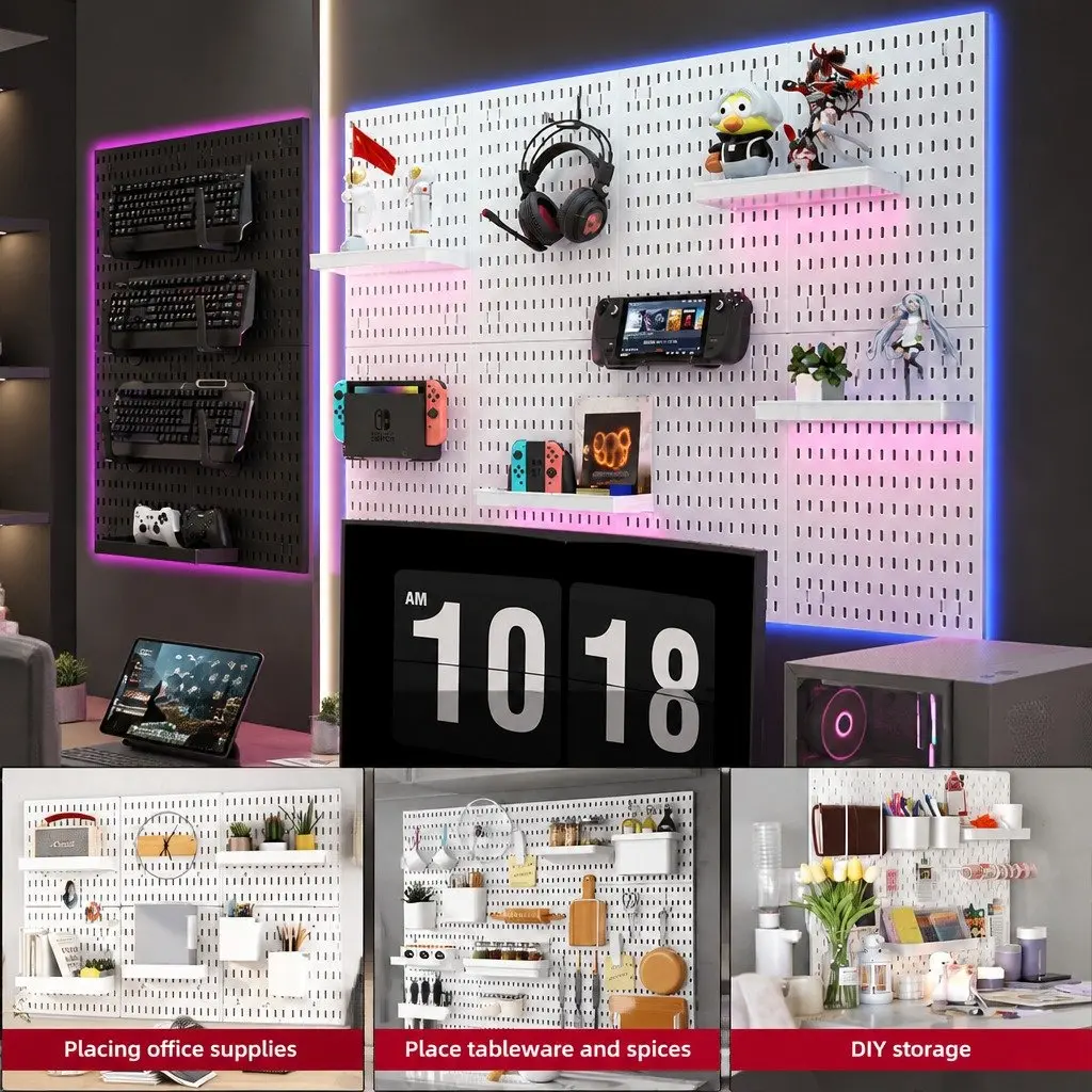 Pegboard Wall Organizer Kit Modular Panels 4 White Black for Gaming Office