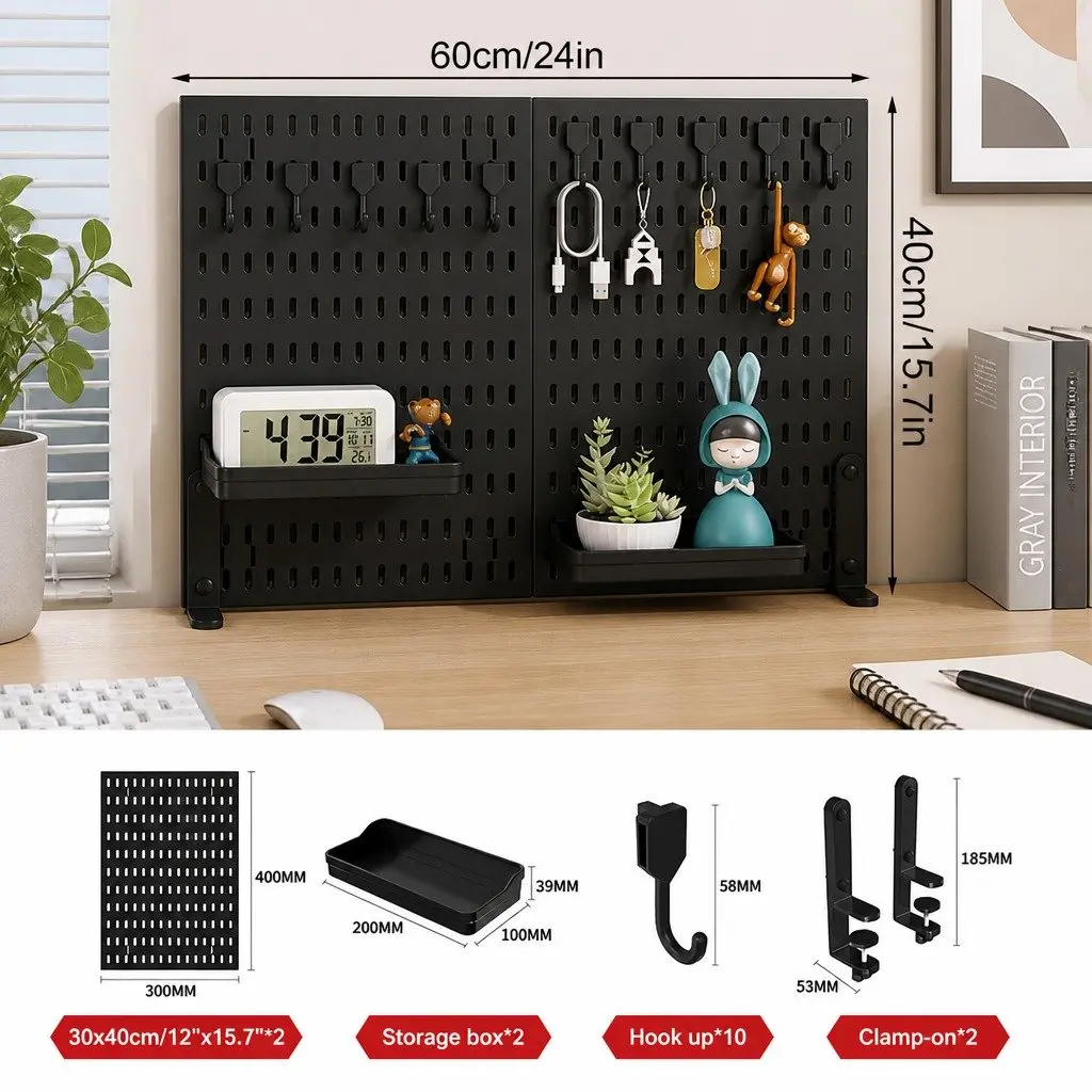 Desk Pegboard Organizer Kit 2 Pack with Hooks Tray Mount Office Gaming Workspace