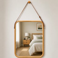 Wall Mirror Bamboo Frame Adjustable Leather Strap Bathroom Bedroom Entryway
