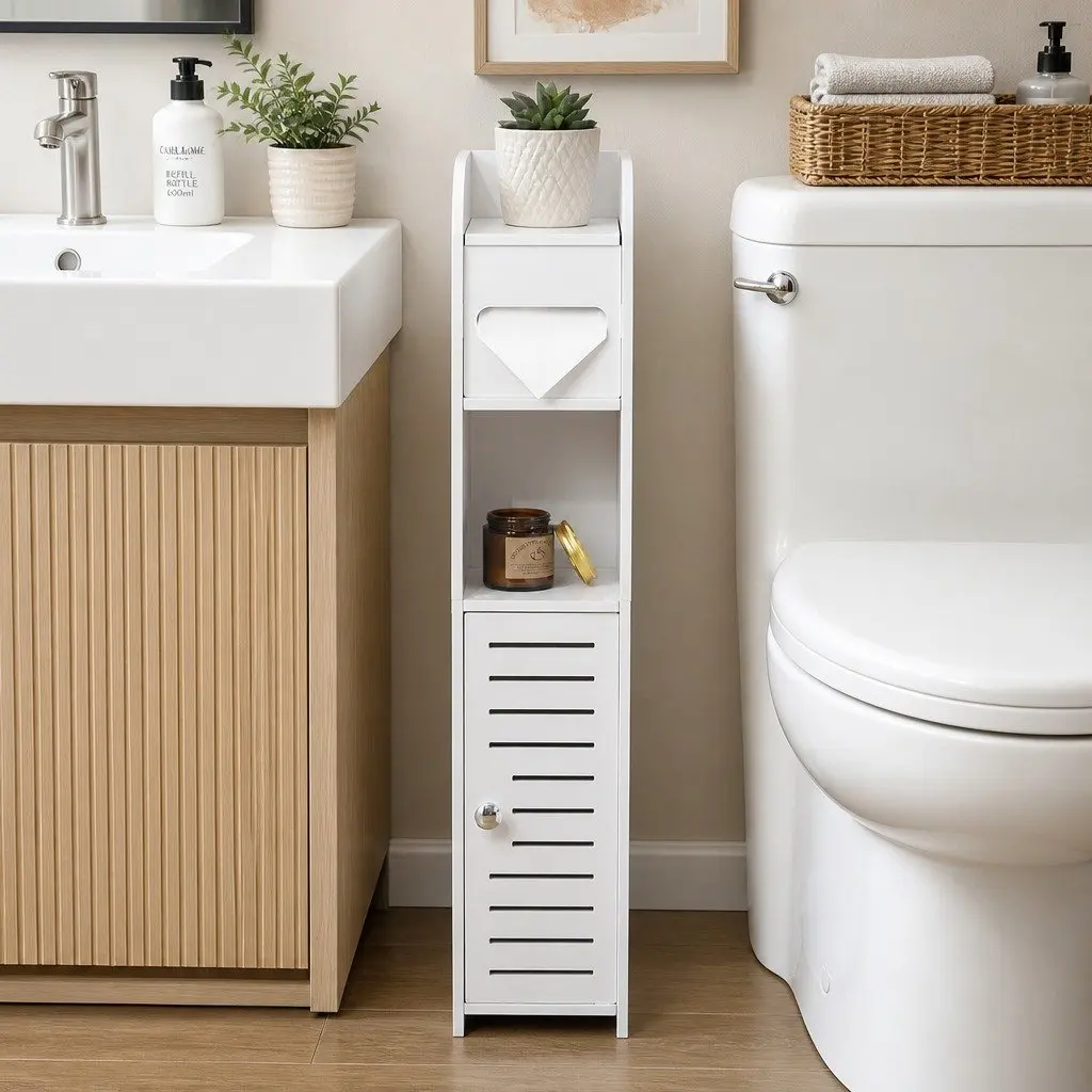 Slim Bathroom Cabinet Toilet Paper Holder Storage Organiser Tall Narrow Shelf