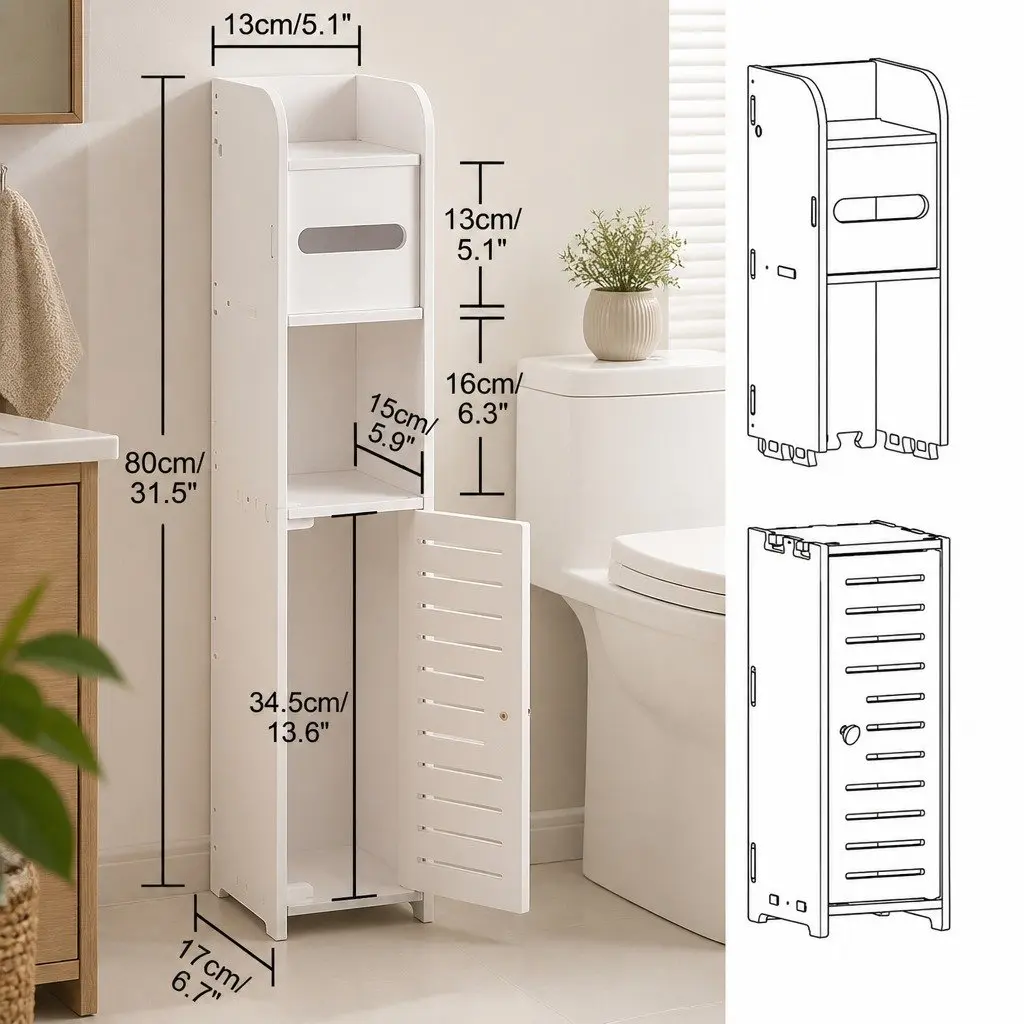 Slim Bathroom Cabinet Toilet Paper Holder Storage Organiser Tall Narrow Shelf