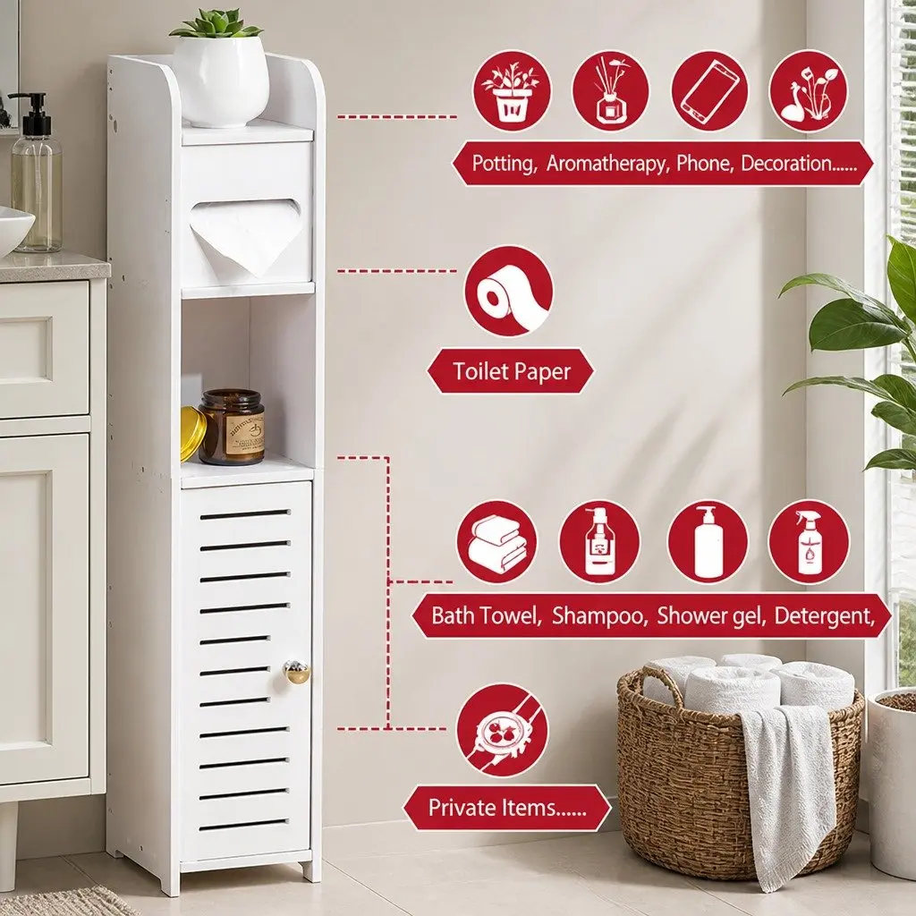 Slim Bathroom Cabinet Toilet Paper Holder Storage Organiser Tall Narrow Shelf