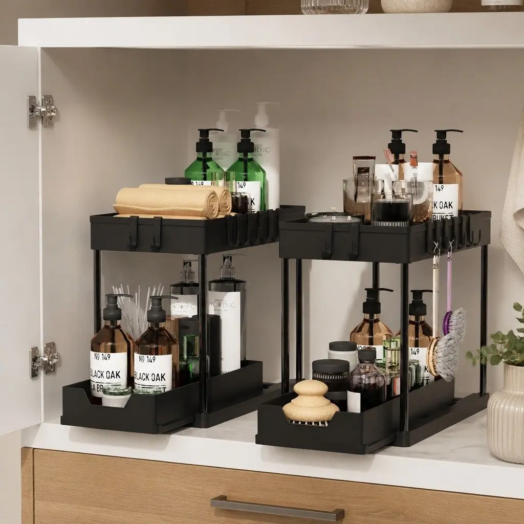 Under Sink Organizer Pull-Out Basket 2 Pack Bathroom Kitchen Storage 22 x 40 x 39 cm