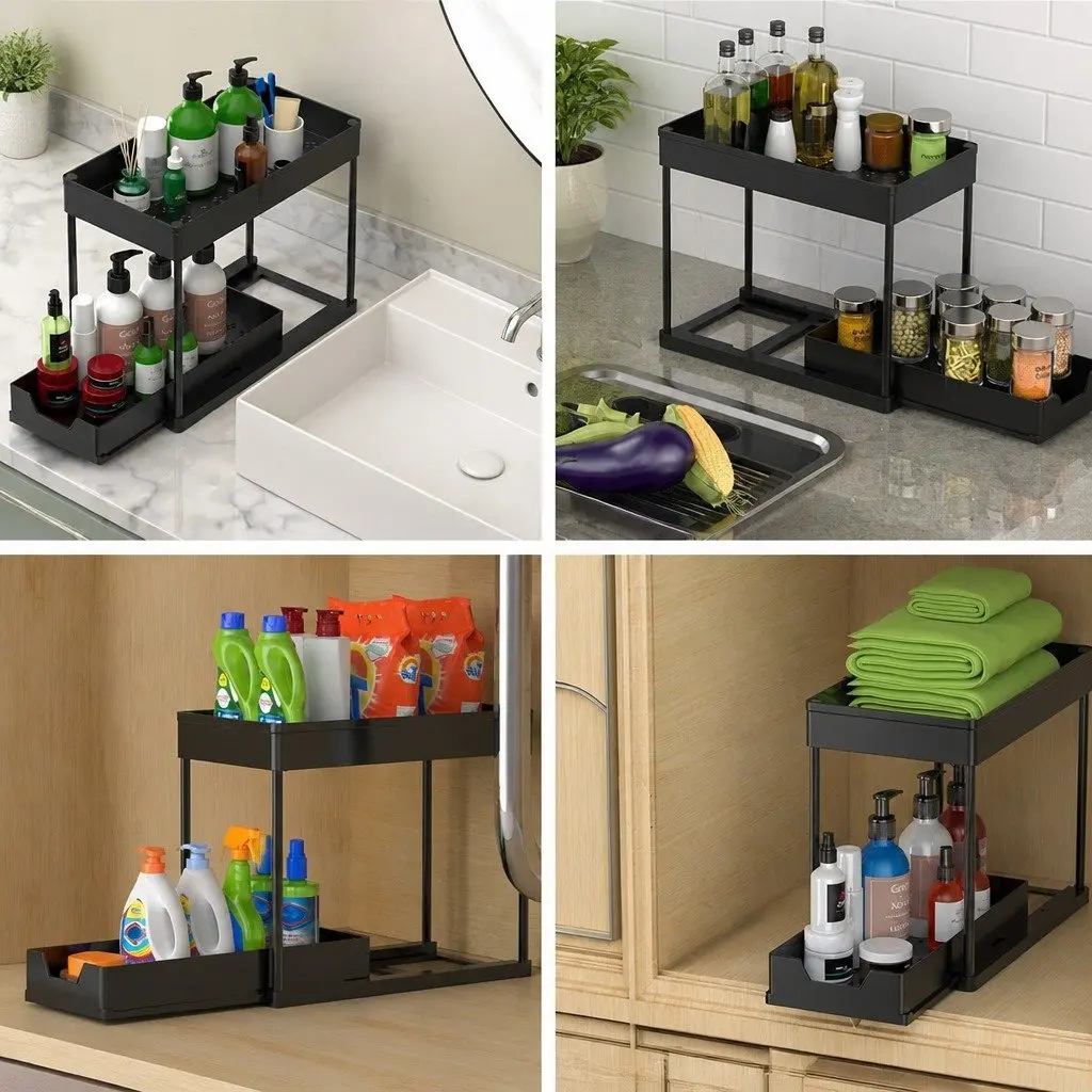 Under Sink Organizer Pull-Out Basket 2 Pack Bathroom Kitchen Storage 22 x 40 x 39 cm