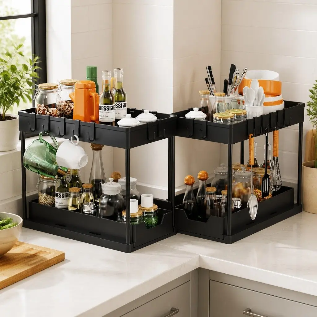 Under Sink Organizer Pull-Out Basket 2 Pack Bathroom Kitchen Storage 22 x 40 x 39 cm
