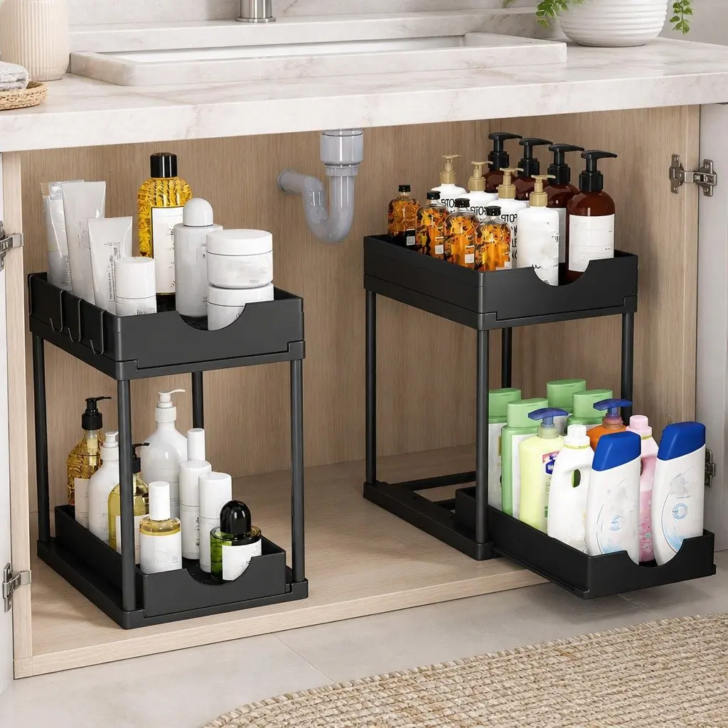 Under Sink Organizer Pull-Out Basket 2 Pack Bathroom Kitchen Storage 22 x 40 x 39 cm