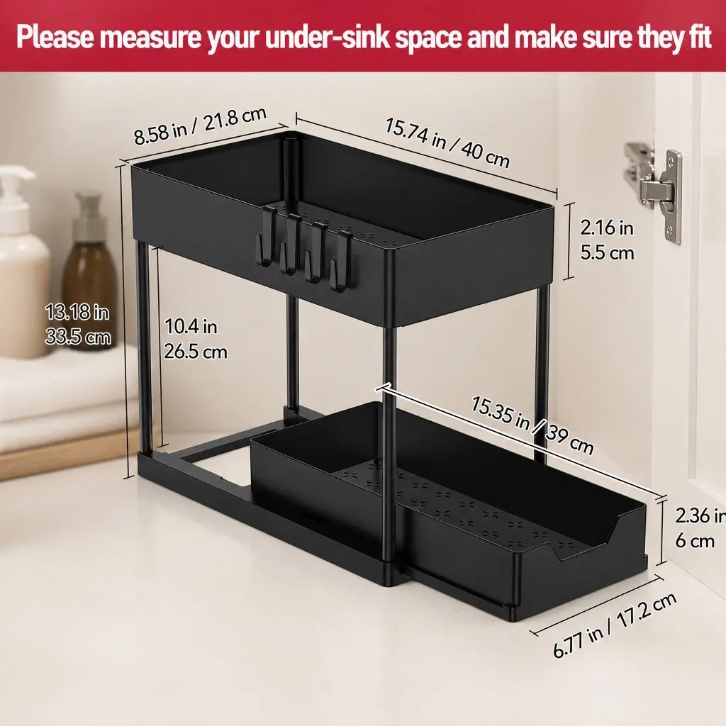 Under Sink Organizer Pull-Out Basket 2 Pack Bathroom Kitchen Storage 22 x 40 x 39 cm