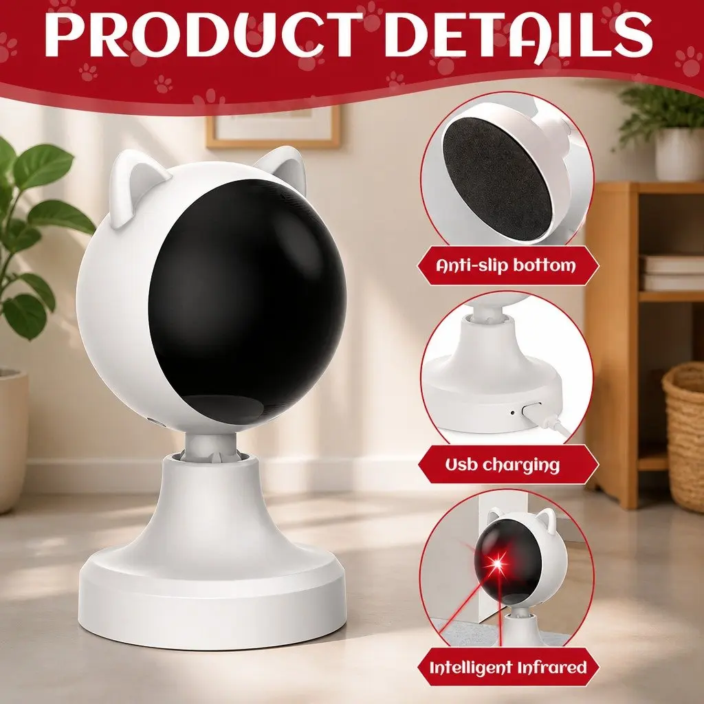 Interactive Laser Toy for Cats USB Rechargeable Adjustable Angle 2 Speed Modes