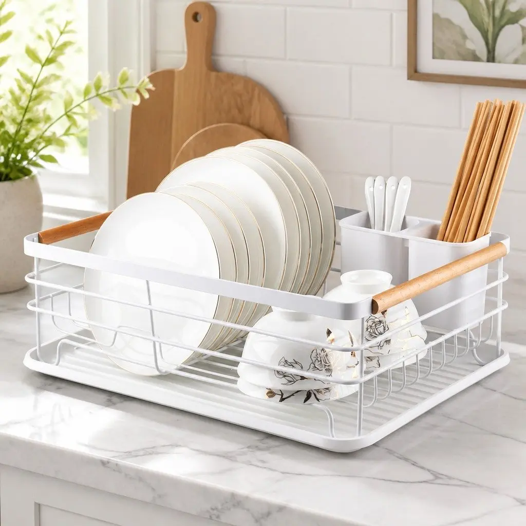 Dish Drying Rack Wooden Handles Removable Cutlery Holder Drainboard Kitchen