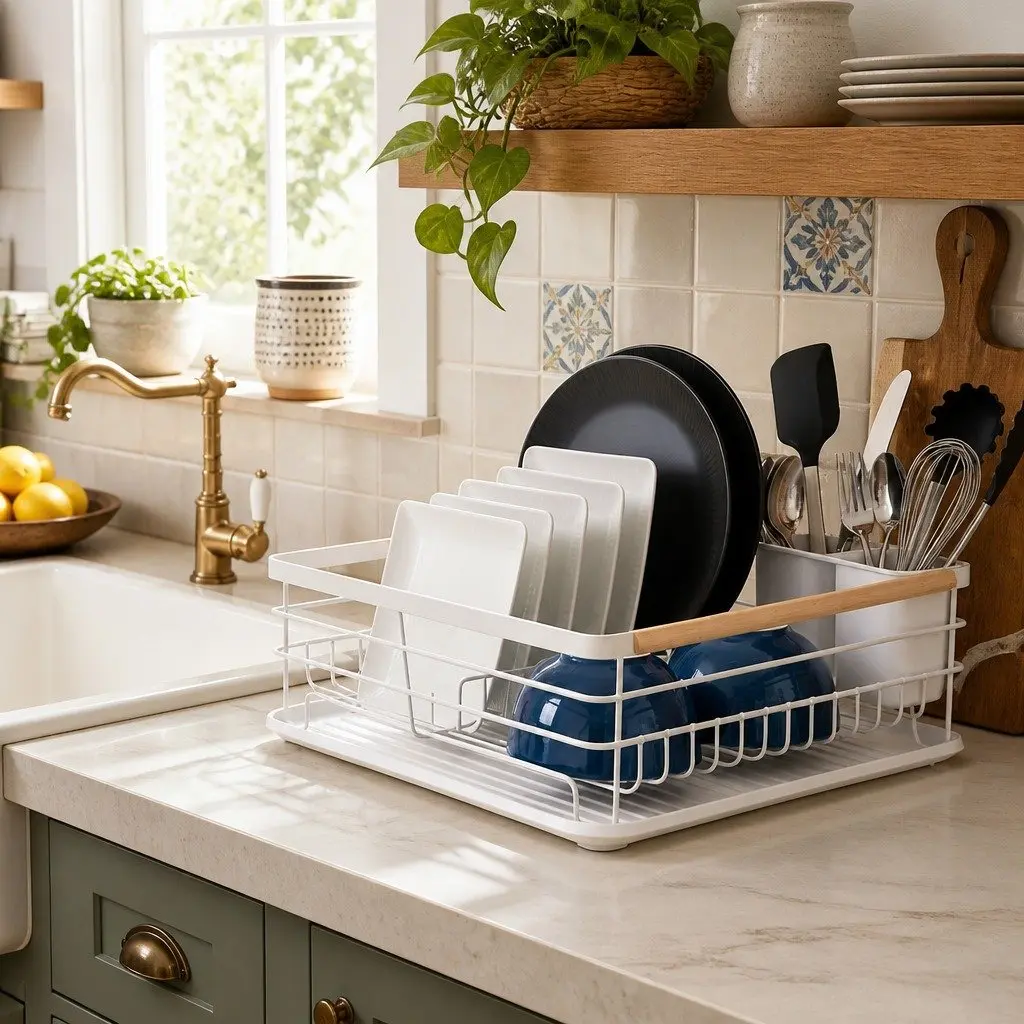 Dish Drying Rack Wooden Handles Removable Cutlery Holder Drainboard Kitchen