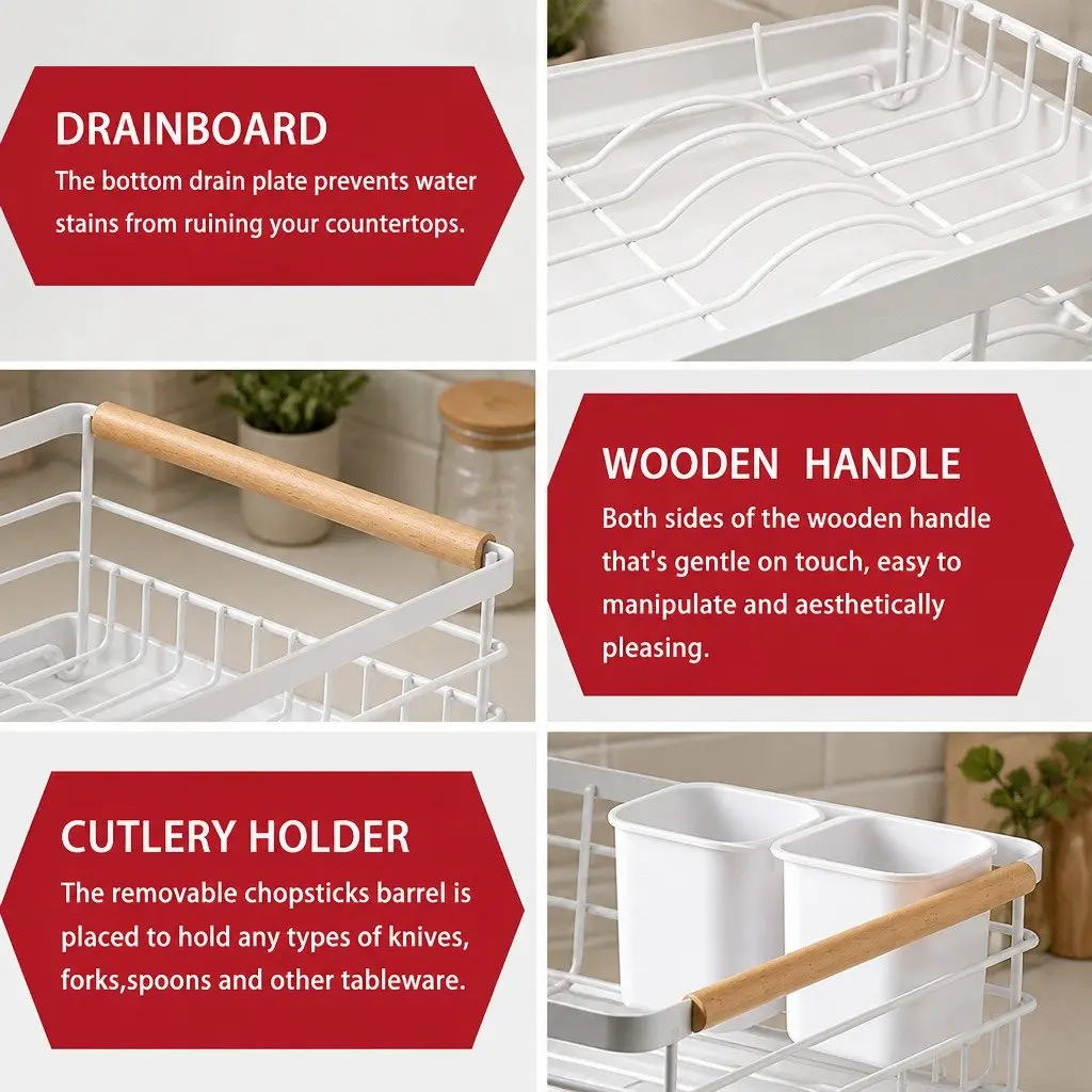 Dish Drying Rack Wooden Handles Removable Cutlery Holder Drainboard Kitchen