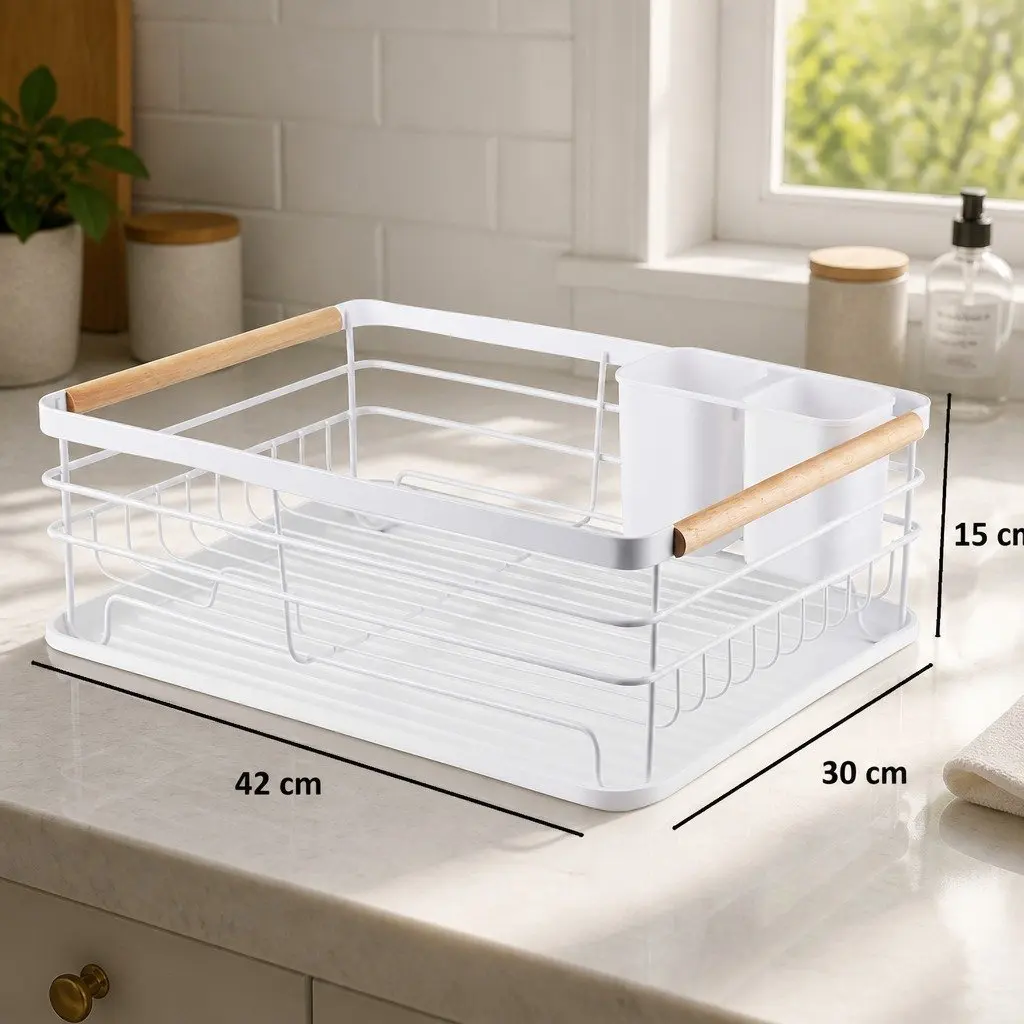 Dish Drying Rack Wooden Handles Removable Cutlery Holder Drainboard Kitchen