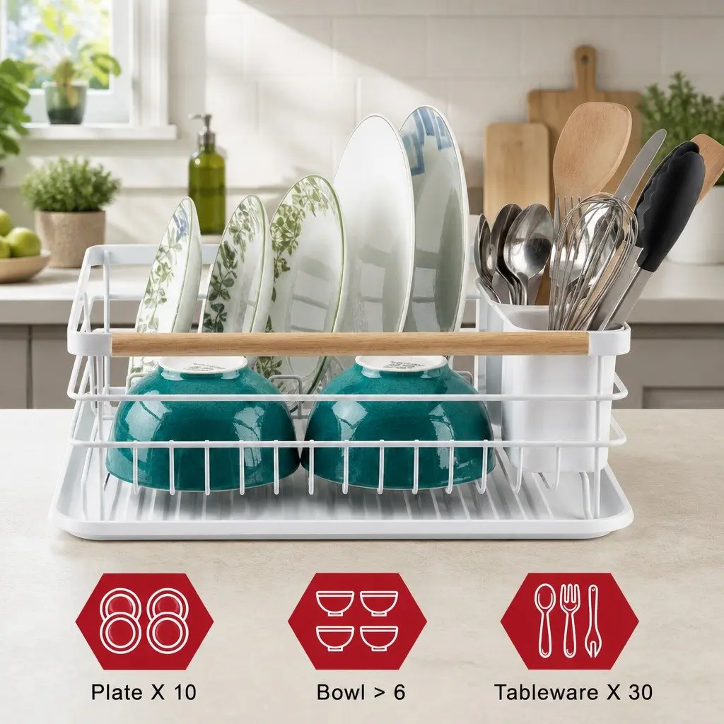 Dish Drying Rack Wooden Handles Removable Cutlery Holder Drainboard Kitchen