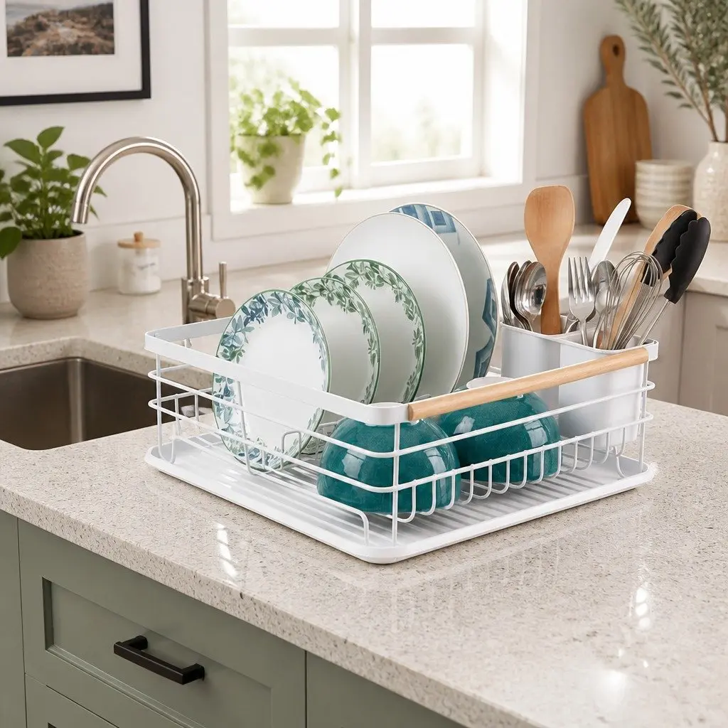 Dish Drying Rack Wooden Handles Removable Cutlery Holder Drainboard Kitchen