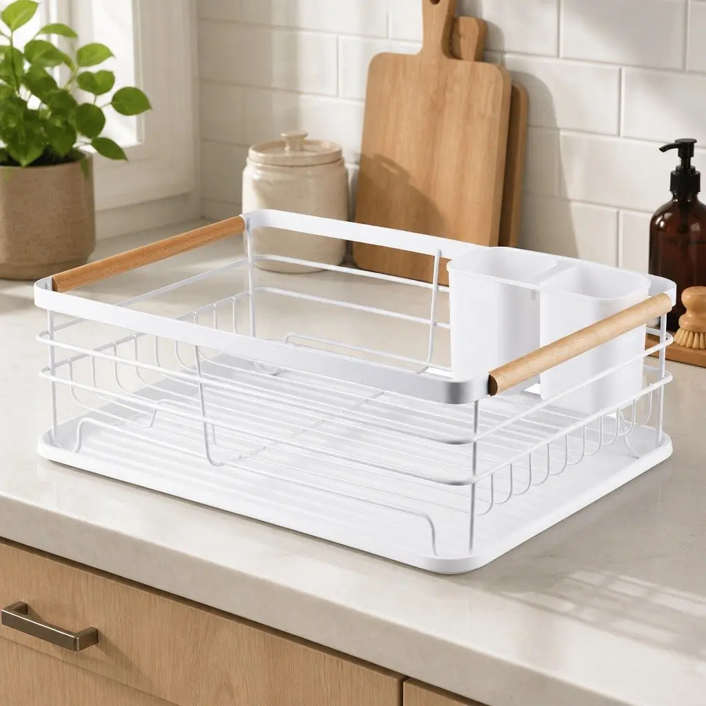 Dish Drying Rack Wooden Handles Removable Cutlery Holder Drainboard Kitchen