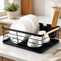 Dish Drying Rack with Wooden Handles Removable Cutlery Holder Drainboard