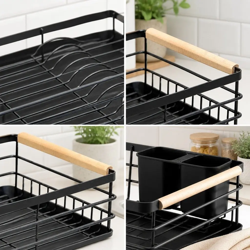 Dish Drying Rack Wooden Handles Removable Cutlery Holder Detachable Drainboard 42 x 30 x 15 cm Stainless Steel