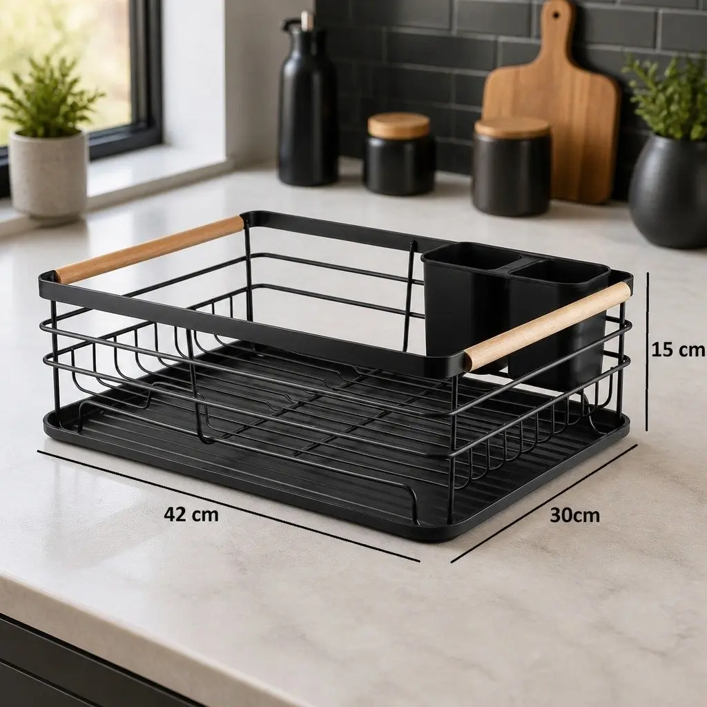 Dish Drying Rack Wooden Handles Removable Cutlery Holder Detachable Drainboard 42 x 30 x 15 cm Stainless Steel
