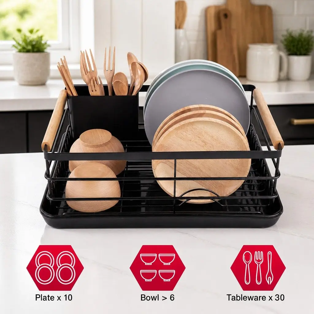 Dish Drying Rack Wooden Handles Removable Cutlery Holder Detachable Drainboard 42 x 30 x 15 cm Stainless Steel