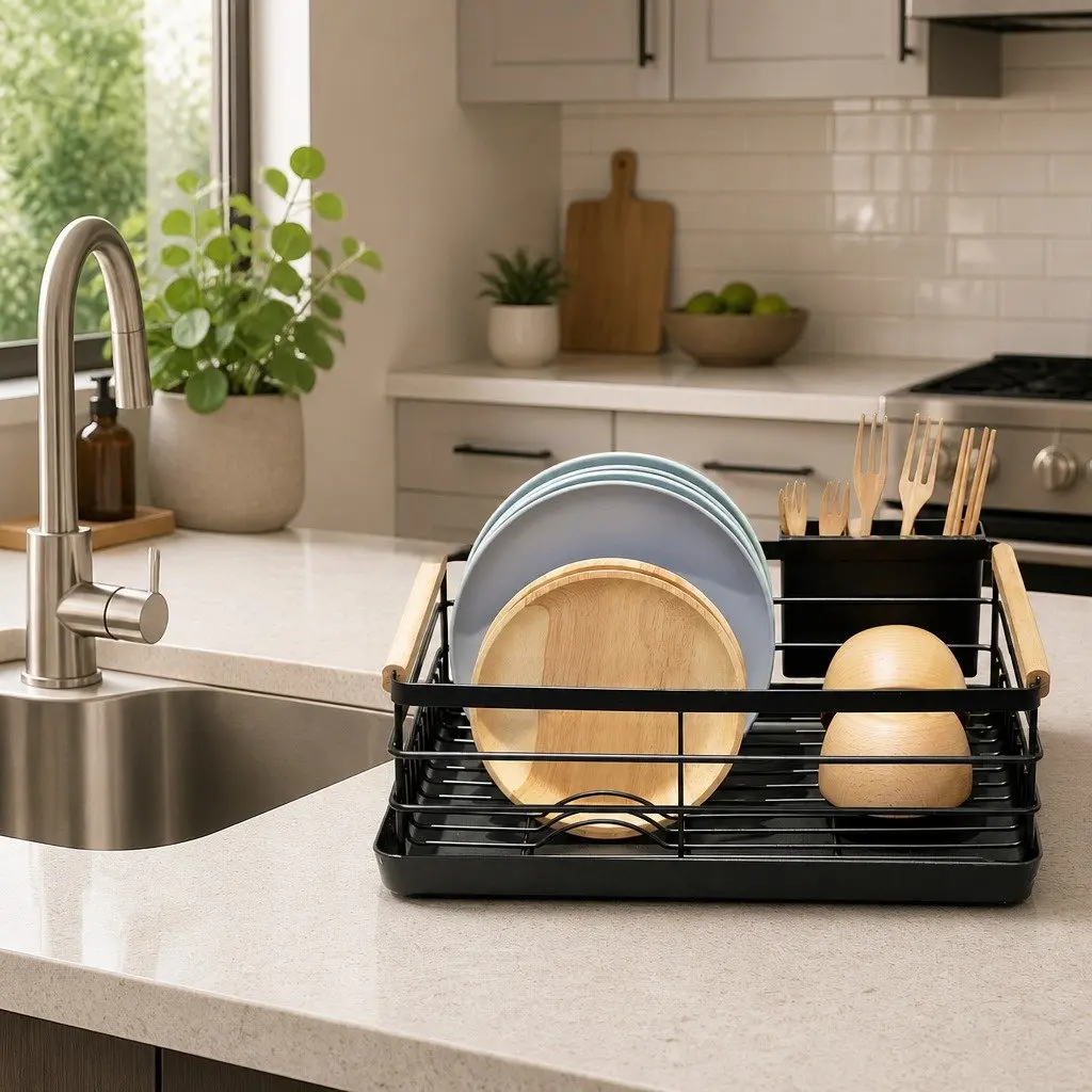 Dish Drying Rack Wooden Handles Removable Cutlery Holder Detachable Drainboard 42 x 30 x 15 cm Stainless Steel