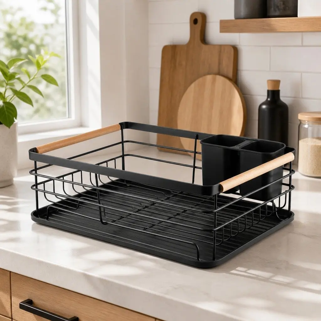 Dish Drying Rack Wooden Handles Removable Cutlery Holder Detachable Drainboard 42 x 30 x 15 cm Stainless Steel