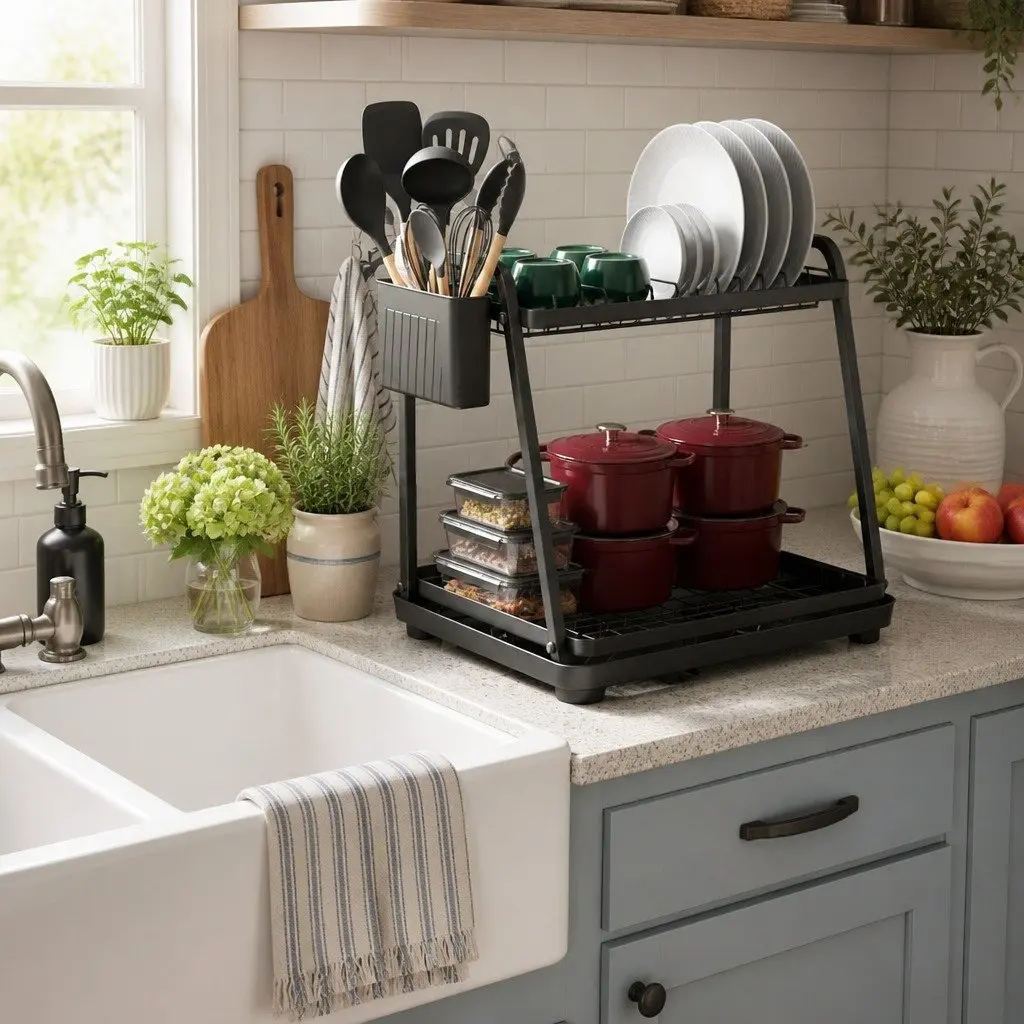 2-Tier Dish Drying Rack Kitchen Countertop Drainage Tray Utensil Holder Coated Steel
