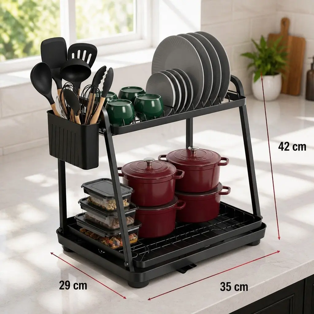 2-Tier Dish Drying Rack Kitchen Countertop Drainage Tray Utensil Holder Coated Steel