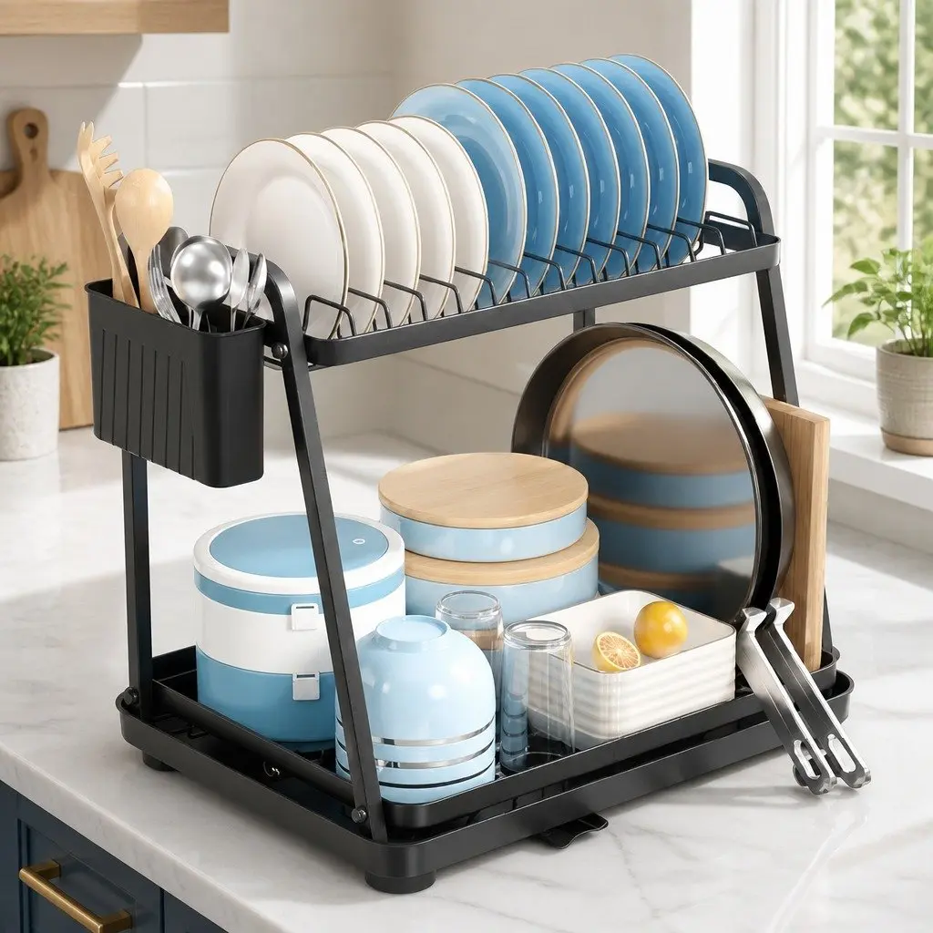 2-Tier Dish Drying Rack Kitchen Countertop Drainage Tray Utensil Holder Coated Steel
