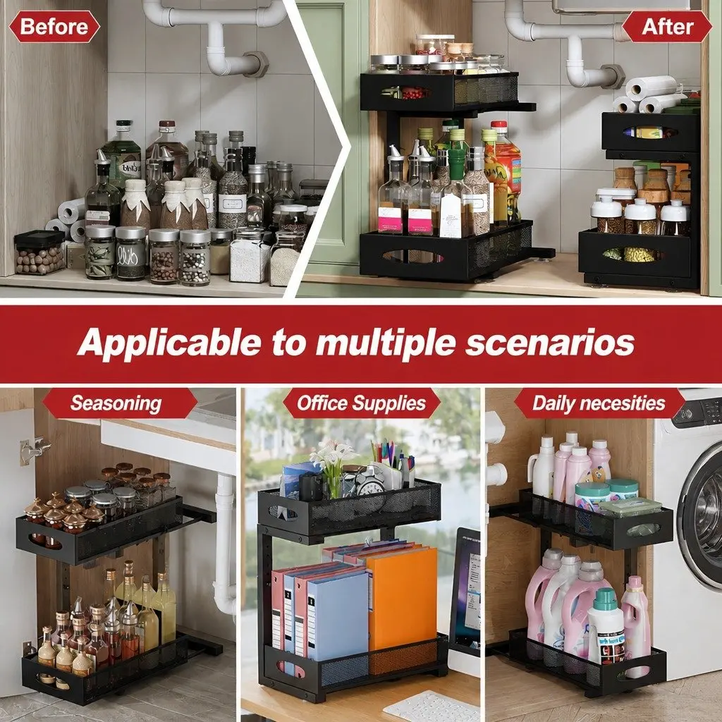 Under Sink Organizer 2-Tier Pull Out Sliding Cabinet Storage Shelf Height